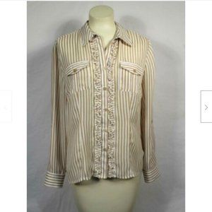 Kathy Che Tan + White Stripe Blouse Ruffle Trim M